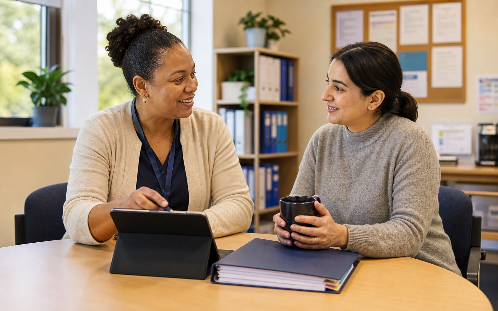 Care manager and care worker having a calm check-in with a tablet and policy folder